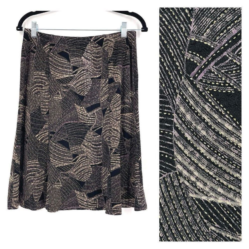 Hiroko Women's Geometric‎ Print Stretch A-Line Midi Skirt Black Gold Size Small